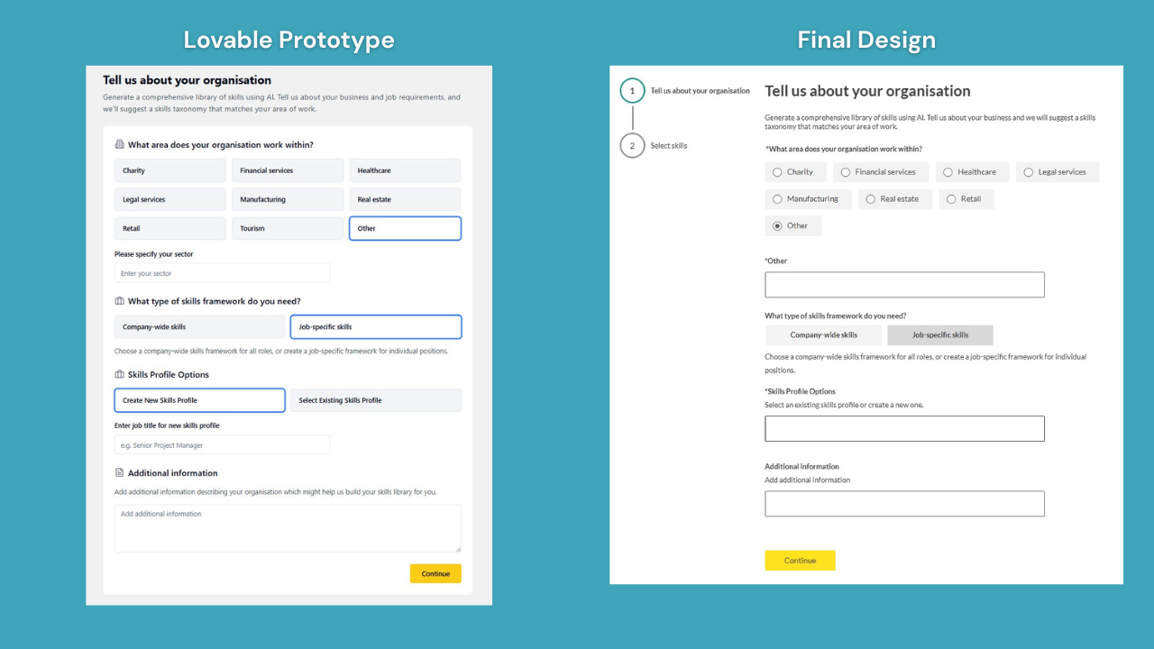The image depicts two screenshots. The first is of the Lovable prototype and the second is of the final design. They are very similar. But the final design is more polished.