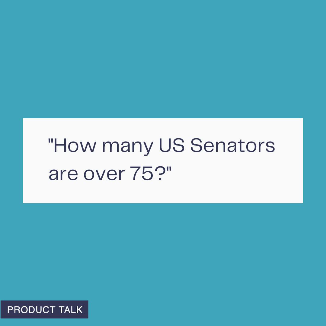 A graphic with a teal background showing the question “How many US Senators are over 75?” with a small Product Talk label in the corner.