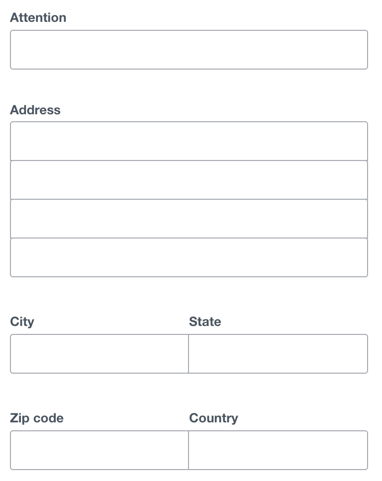 Blank address form with fields for attention, address, city, state, zip code, and country.