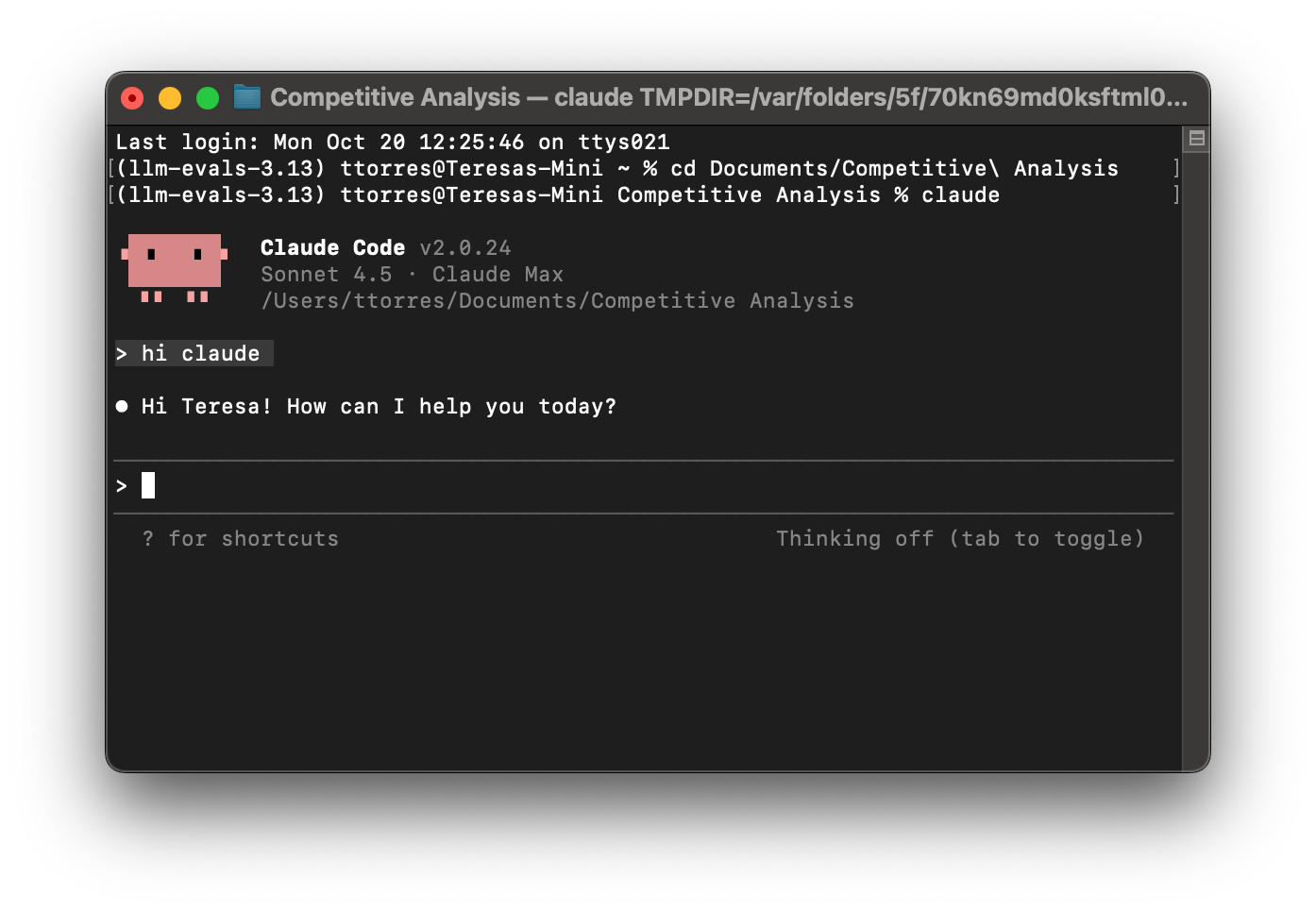 A screenshot of a Terminal window with Claude Code launched. Teresa says hi to Claude and Claude says hi back.