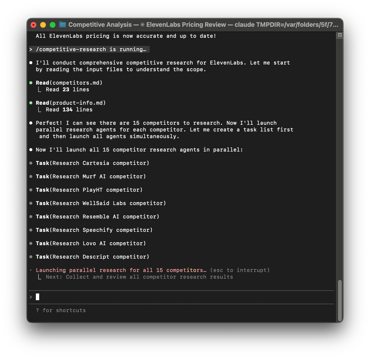 A screenshot of the /competitive-research command showing Claude Code spinning up agents to research fifteen competitors in parallel.