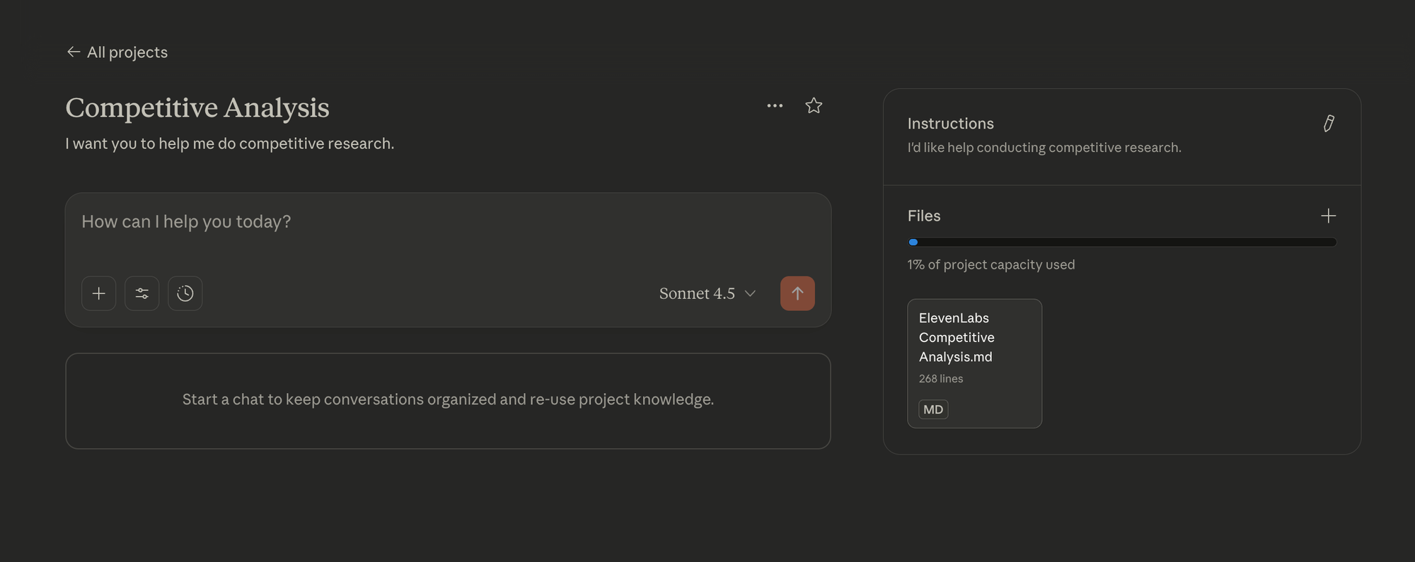 A screenshot of the Claude Project setup screen with custom instructions and an area to upload files.