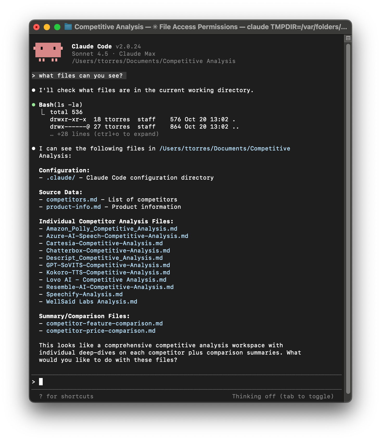 A screenshot of me asking Claude what files it can see. Claude responds with a list of all files and indicates that it understands the contexts.
