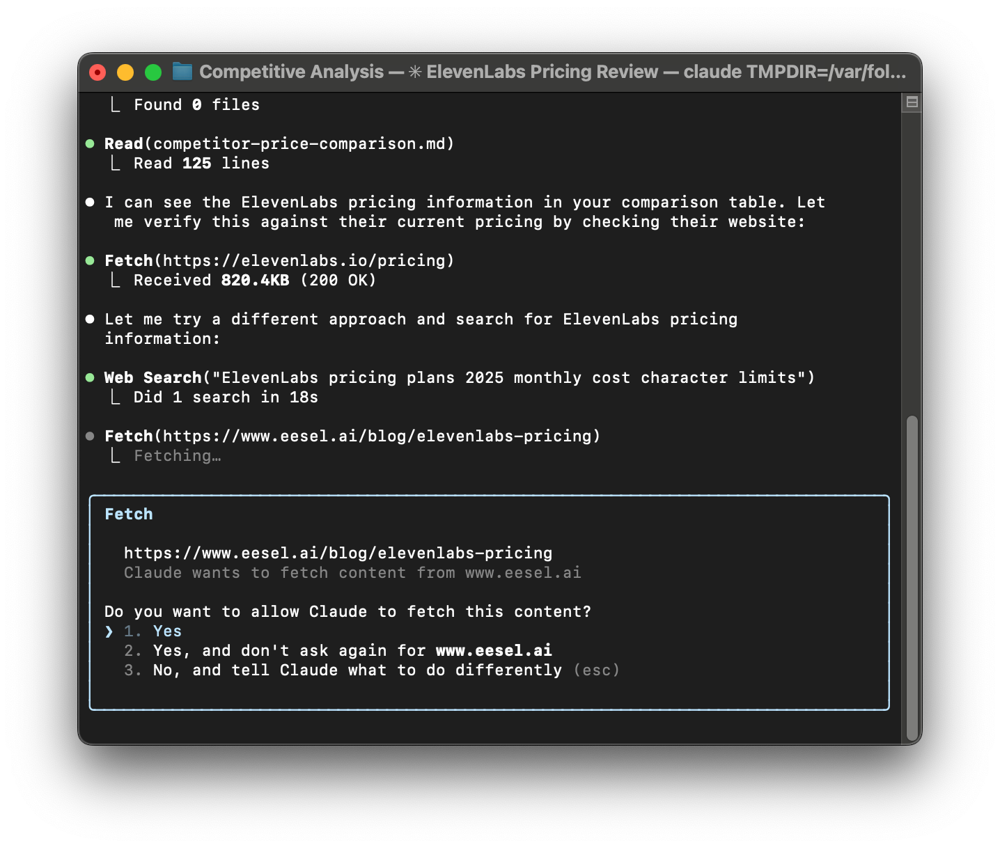 A screenshot of Claude Code fetching pricing information for ElevenLabs.