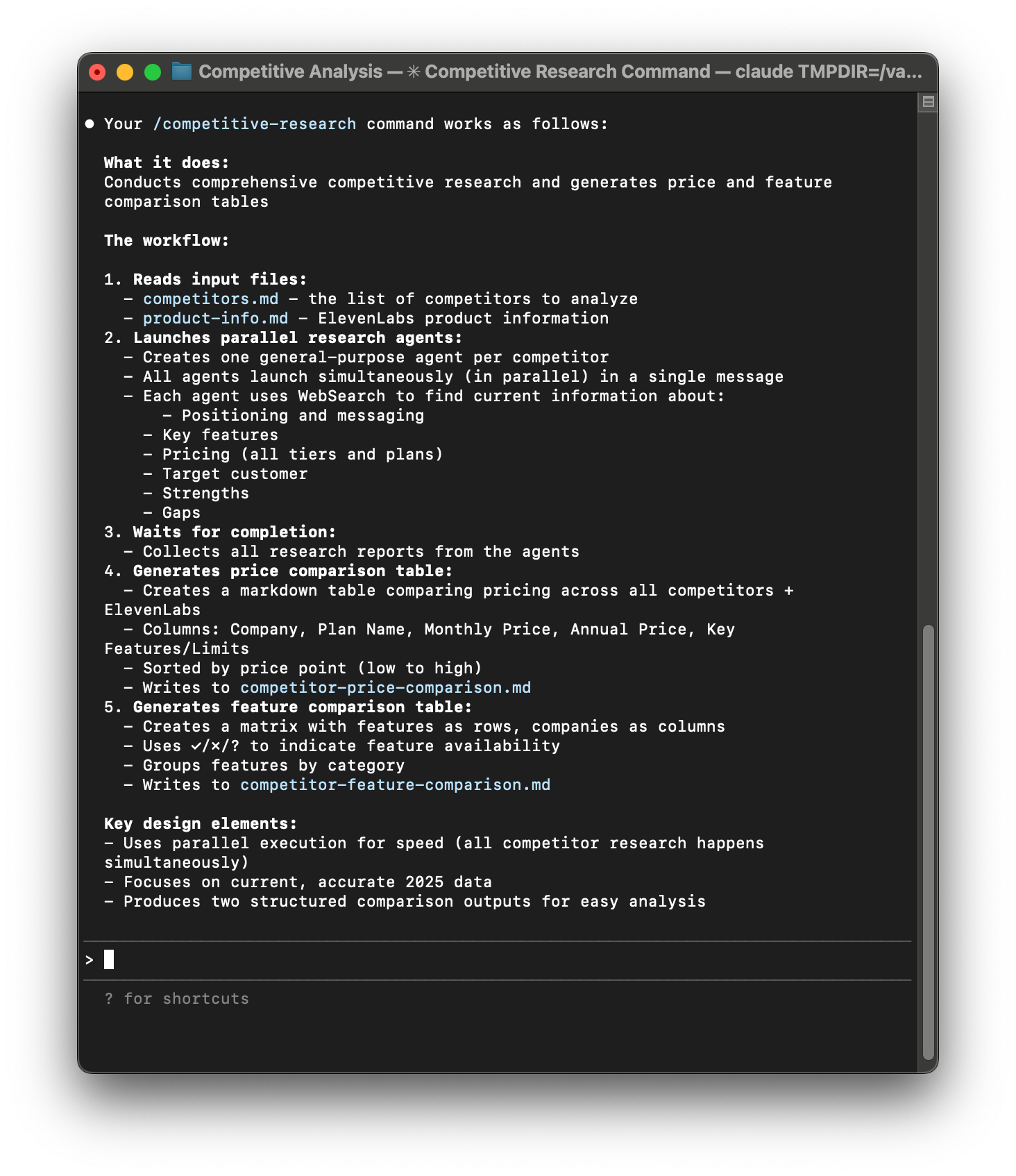 A screenshot of Claude summarizing how my competitive research slash command works.