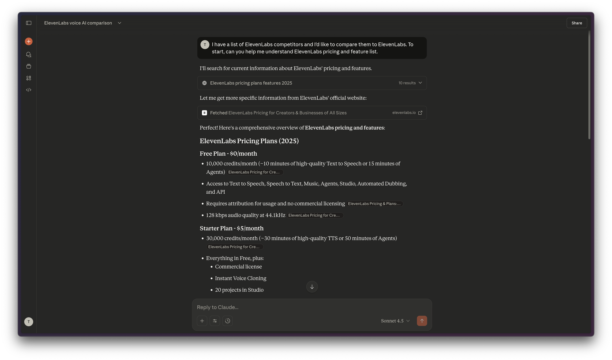 A screenshot of a Claude conversation taking place in the browser where the user asks Claude to help with understanding ElevenLabs pricing and features. Claude responds with pricing and features.