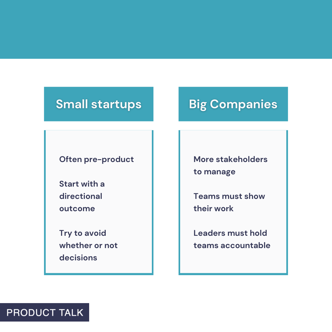 A Product Talk graphic comparing small startups and big companies.  
