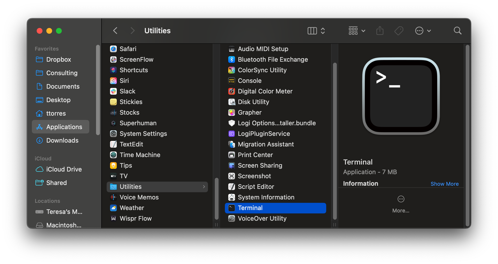 A screenshot of a Finder window showing where the Terminal lives on a Mac.