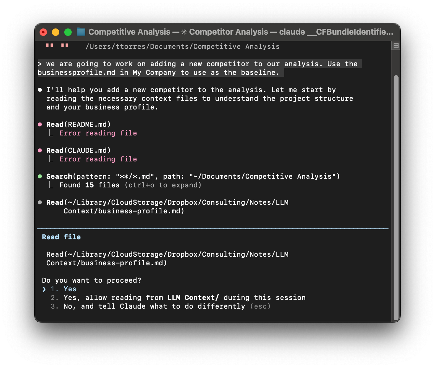 A screenshot of what happens when I asked Claude to access a file that was in a different folder from the one it had access to.