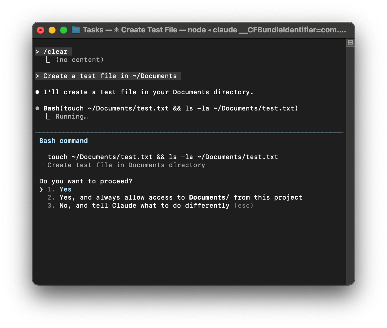 A screenshot of the options Claude Code presents to me when I asked it to create a file outside of the project folder.