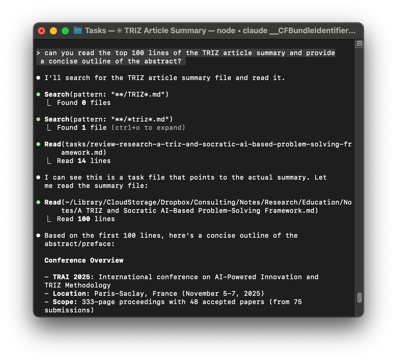 A screenshot of what happens when I ask Claude Code to read part of an article and summarize it for me.