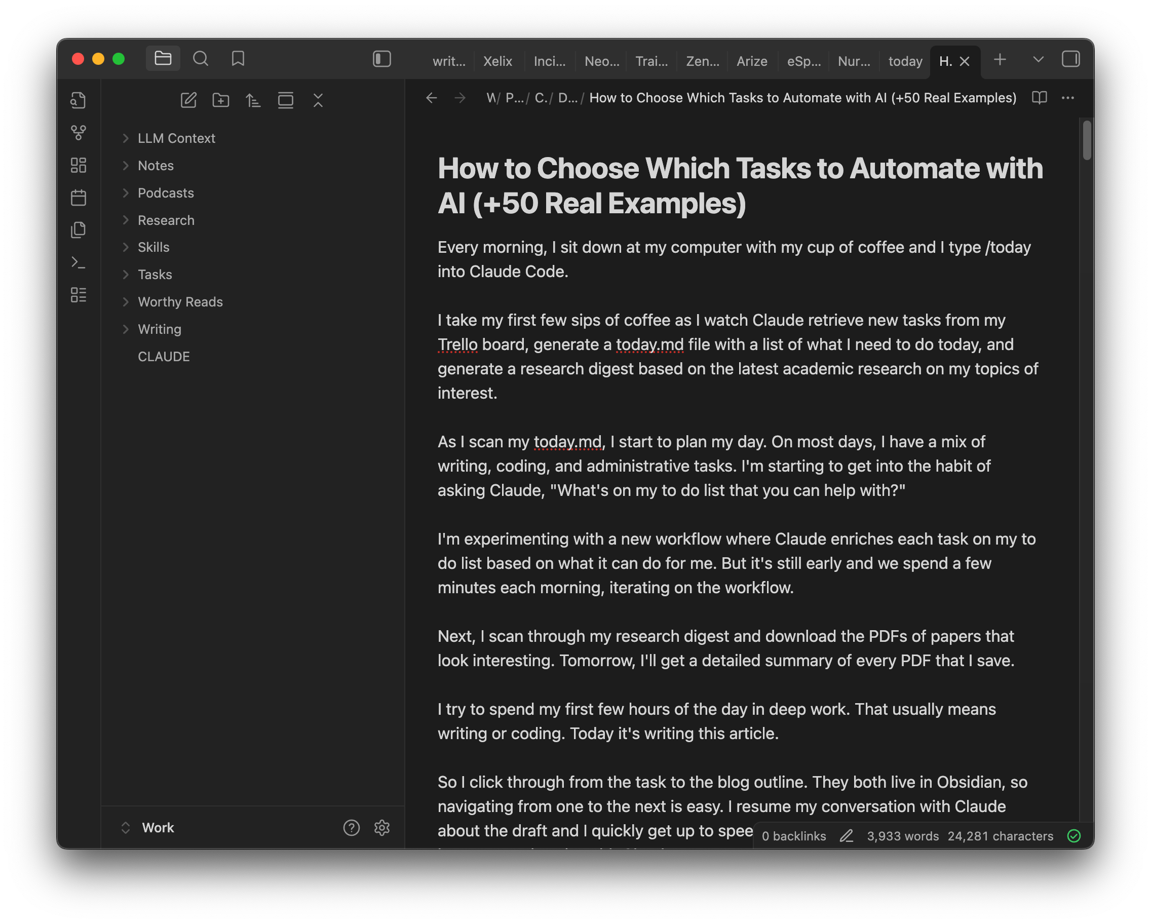 A screenshot of my article draft in Obsidian.