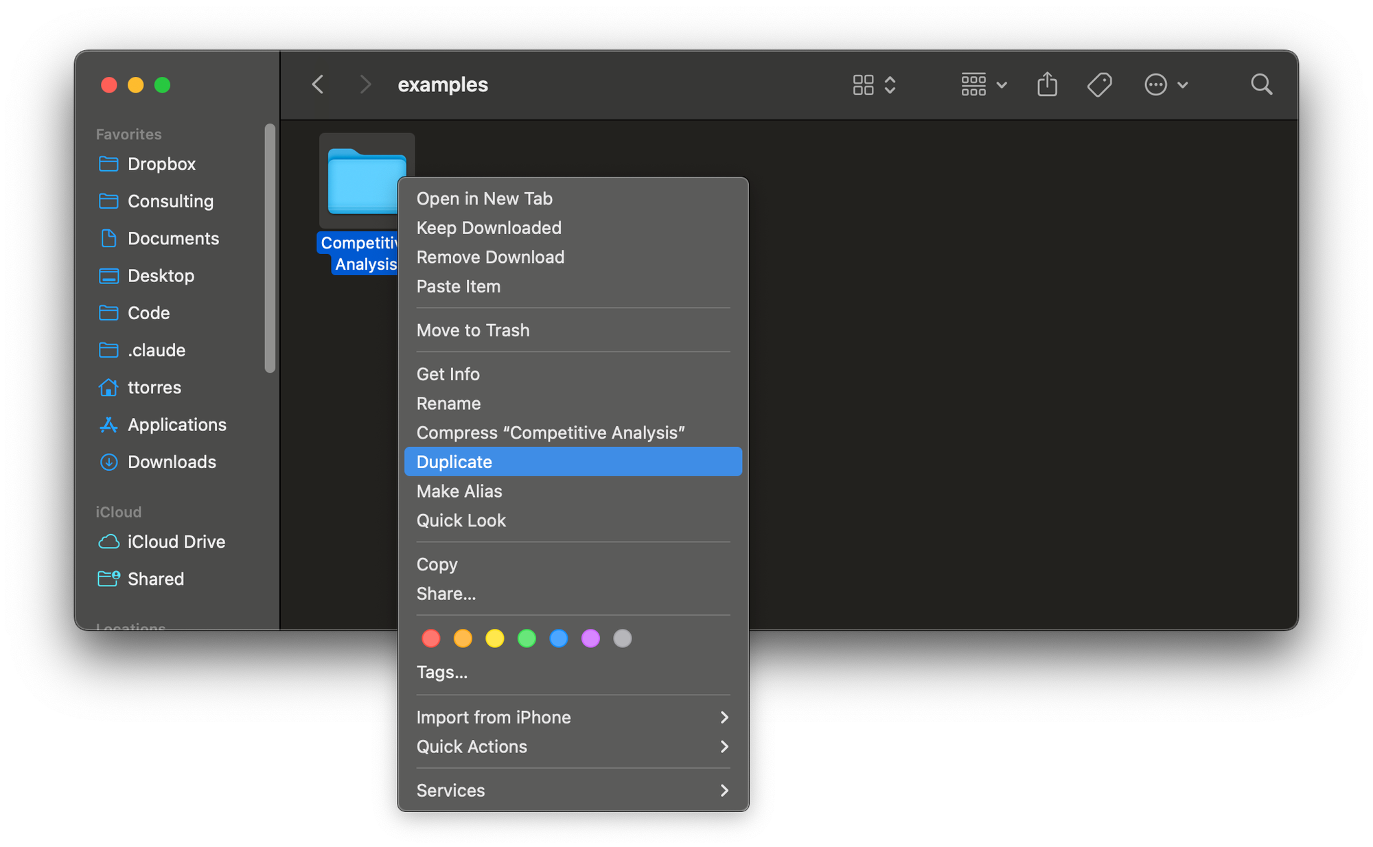 A screenshot of someone right clicking on the Competitive Analysis folder and selecting Duplicate.