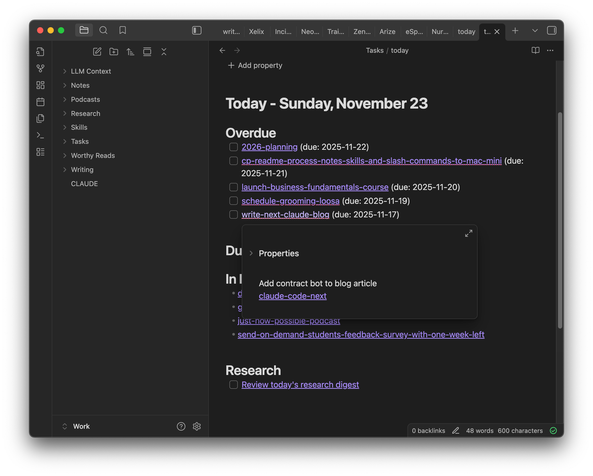 A screenshot of my daily to do list. The write blog post task links right to the article draft.