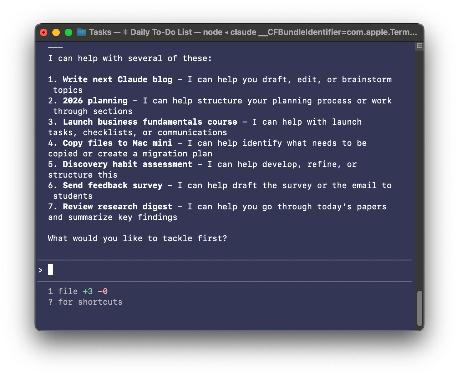 A screenshot of how Claude replies with a list of tasks when I ask it, "What's on my to-do list that you can help with?" 