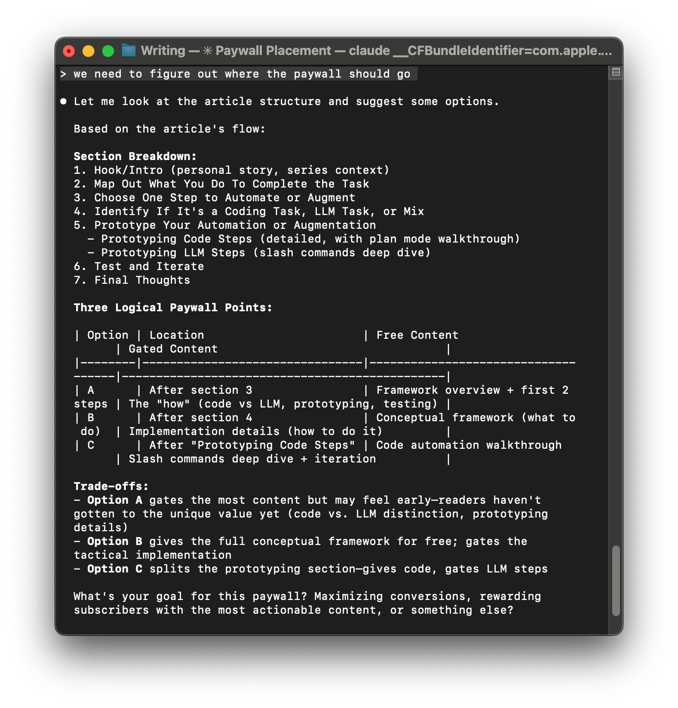 A screenshot of Claude recommending where to put the paywall.