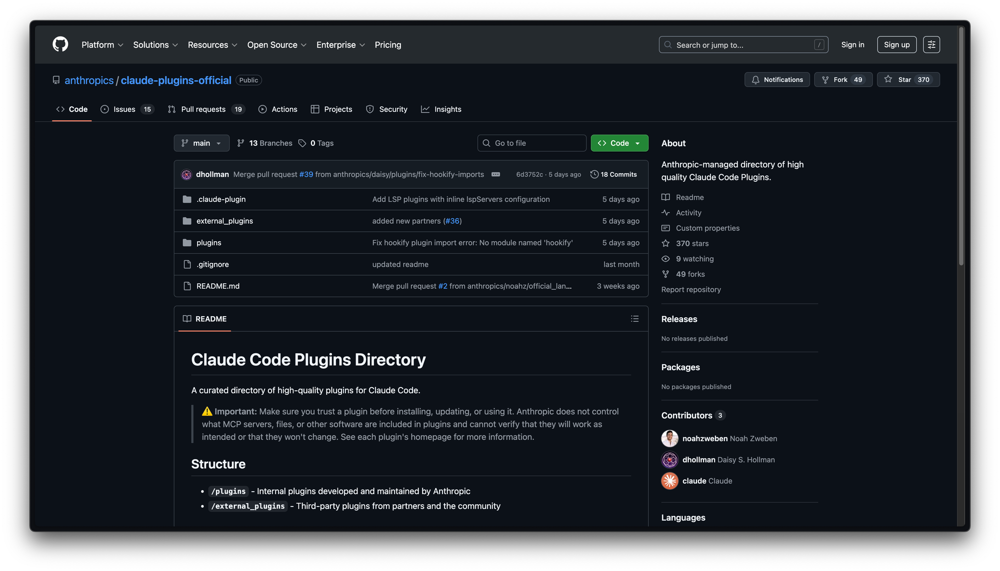 A screenshot of a public repository on GitHub for the official Claude Code plug-ins.