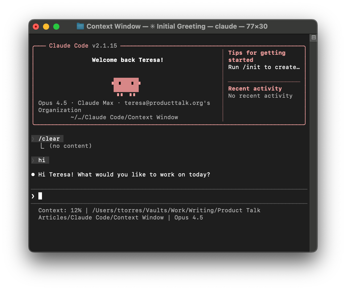 A screenshot of Claude Code with the status line set to show the context window percentage.