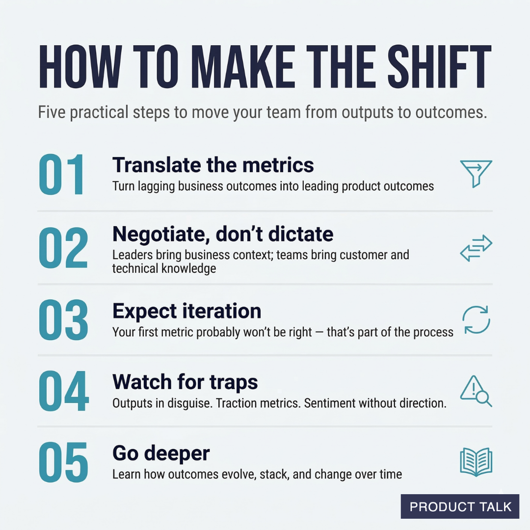 List of five practical steps to move teams from outputs to outcomes, including translating metrics, negotiating goals, iterating, avoiding traps, and going deeper on outcomes.