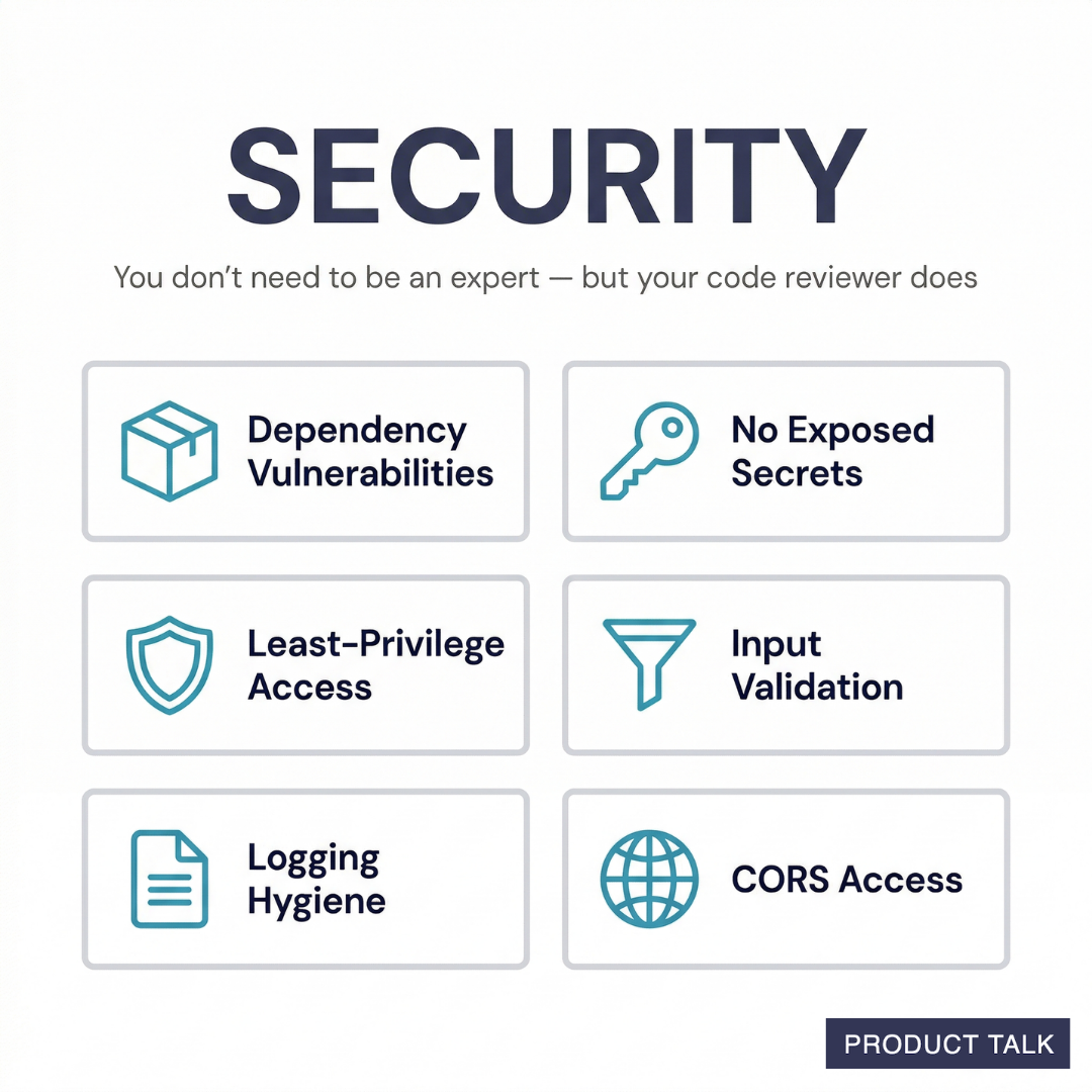 Security checklist: dependencies, secrets, access, validation, logging, and CORS.