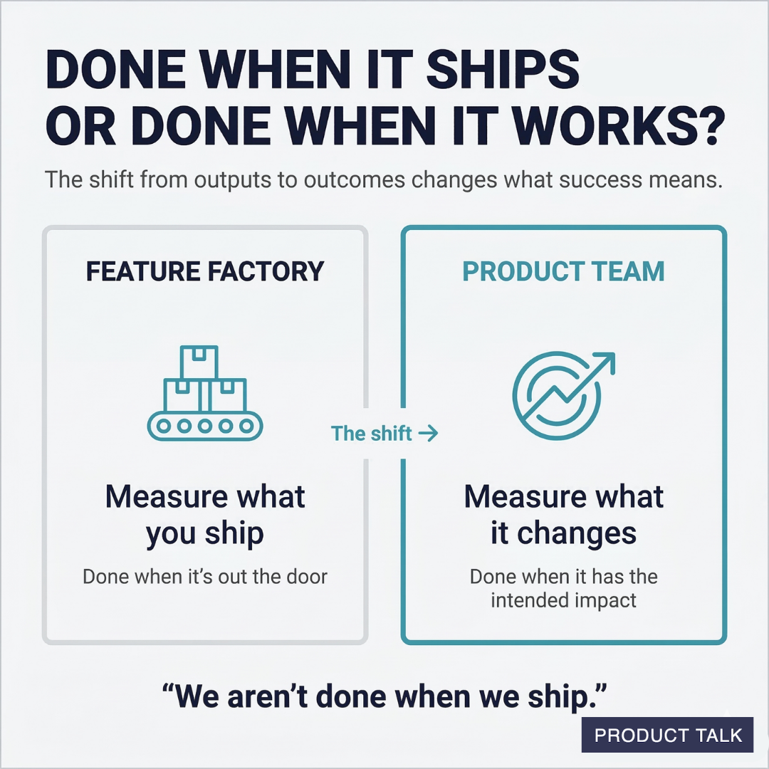 Graphic contrasting a feature factory with a product team: feature factories measure what they ship, while product teams measure the impact of what they ship.