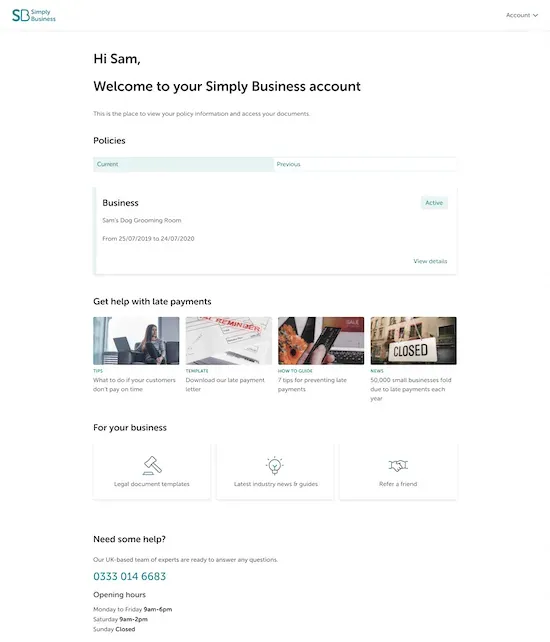  A screenshot of a page from the Simply Business website with a section labeled "Get help with late payments" that includes several photos and links.