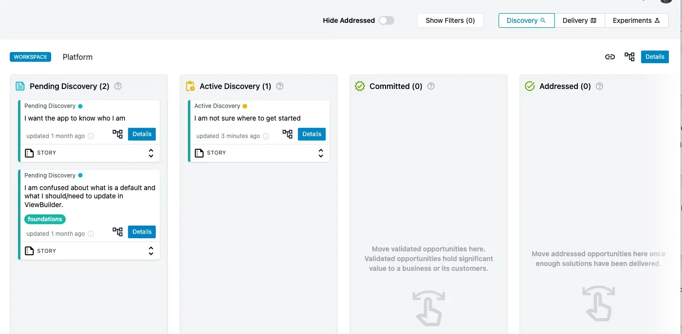 A screenshot of a roadmap in Vistaly. There are four columns, some of which have notes in them.