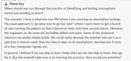 A screenshot from a Slack thread where Trevor has asked a question within the CDH community.