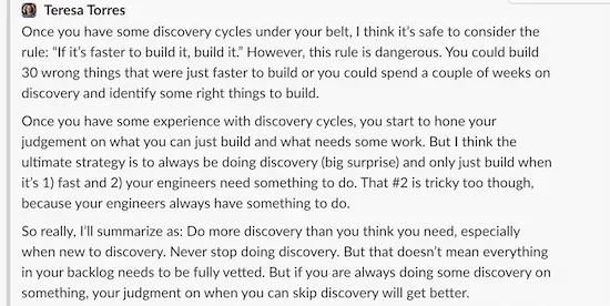 A screenshot of Teresa's response to Trevor's question on Slack.