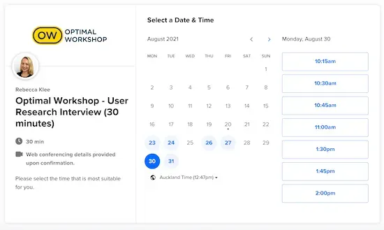 A screenshot from a Calendly page that is prompting the potential participant to select a date and time for their interview.