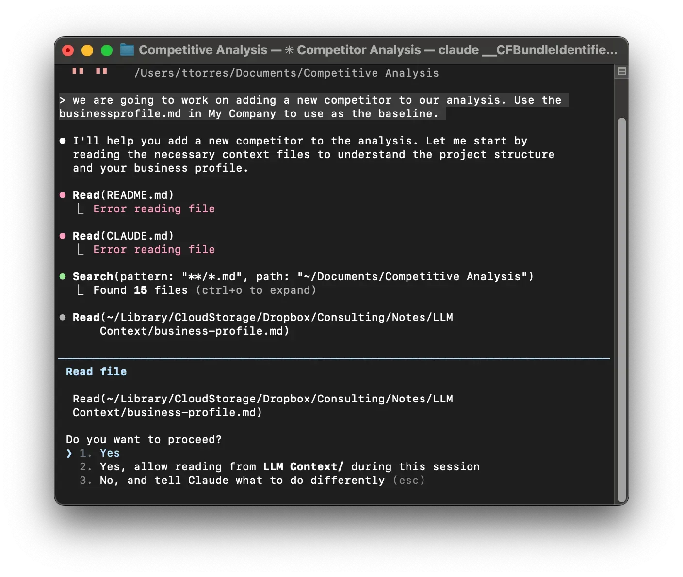 A screenshot of what happens when I asked Claude to access a file that was in a different folder from the one it had access to.