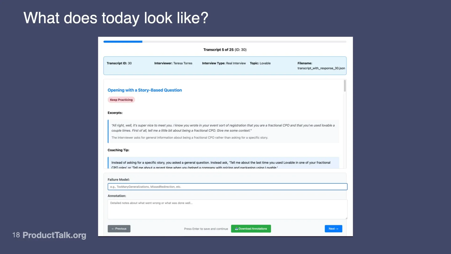 A screenshot of my custom annotation tool for reviewing traces.