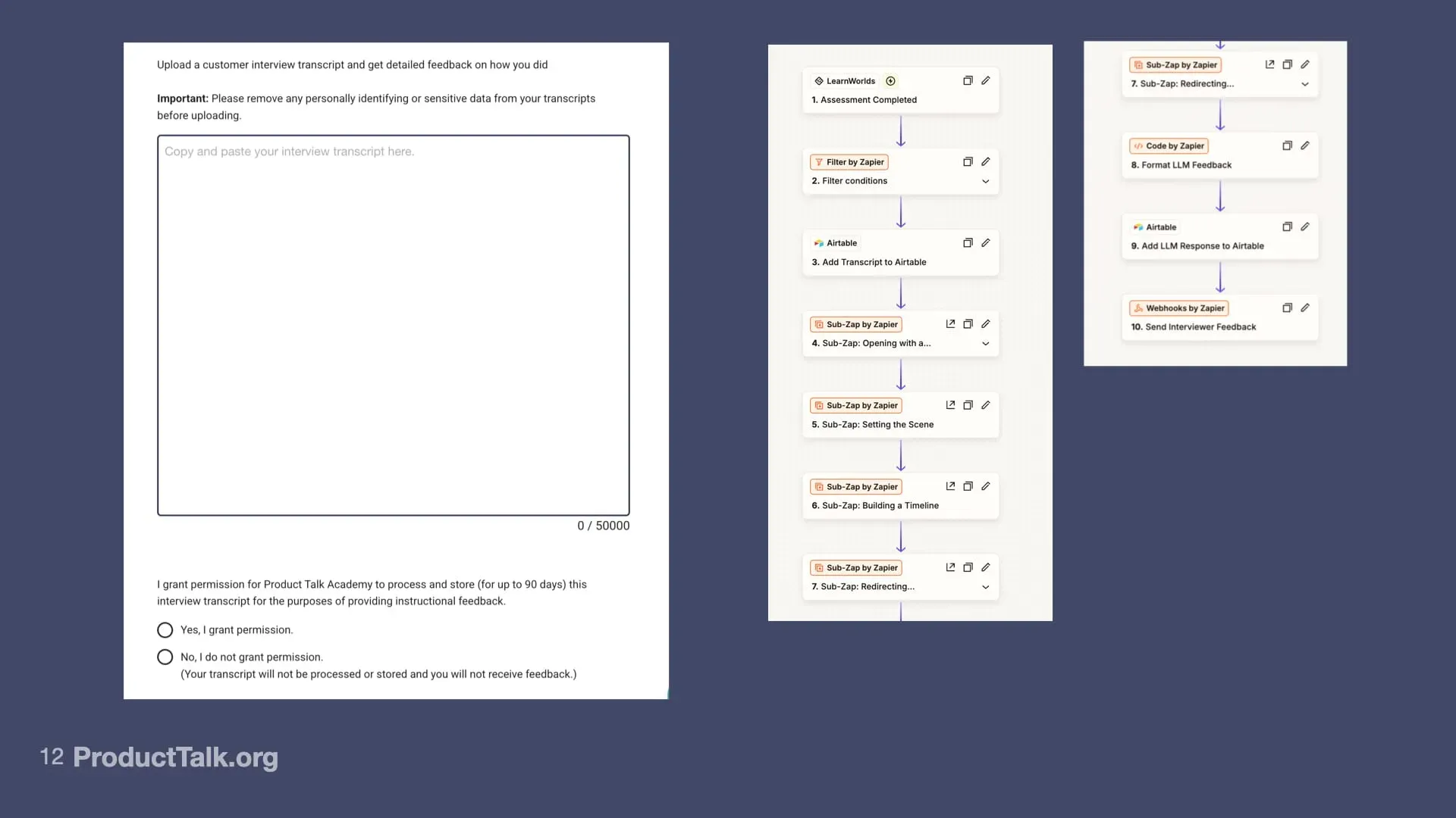 Screenshots of the course platform homework lesson and the zap workflow.