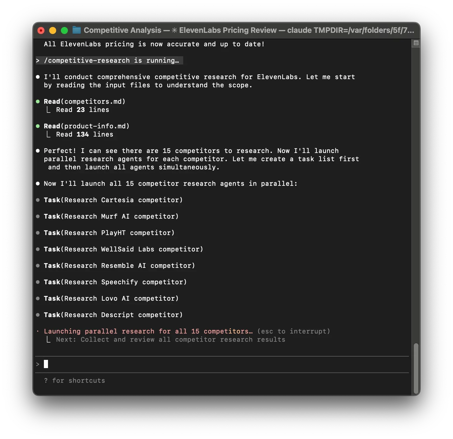 A screenshot of the /competitive-research command showing Claude Code spinning up agents to research fifteen competitors in parallel.