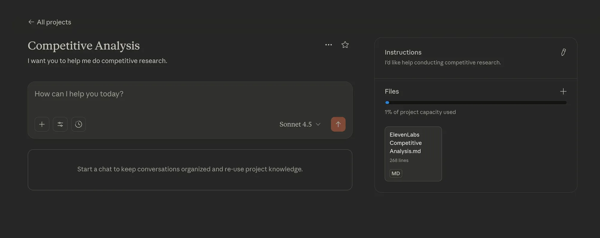 A screenshot of the Claude Project setup screen with custom instructions and an area to upload files.