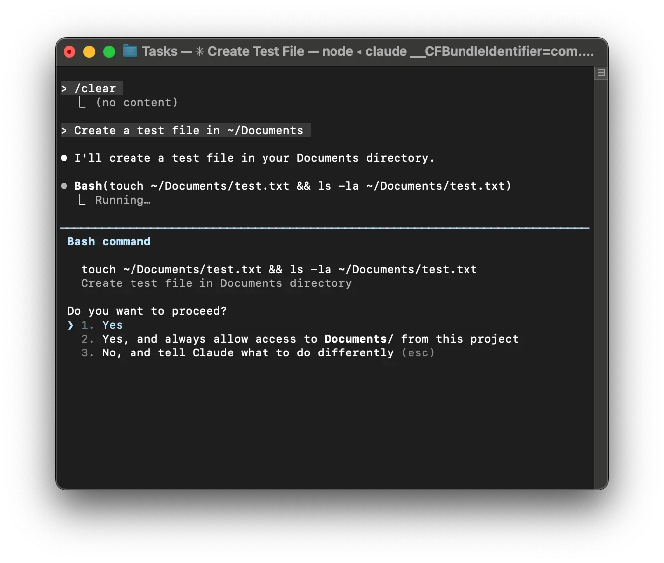 A screenshot of the options Claude Code presents to me when I asked it to create a file outside of the project folder.
