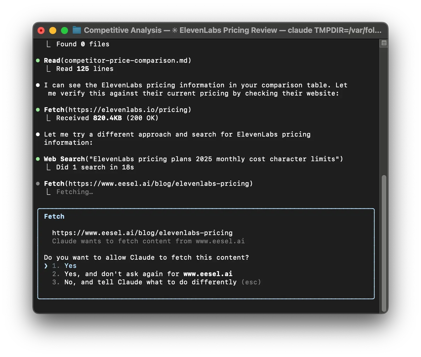 A screenshot of Claude Code fetching pricing information for ElevenLabs.