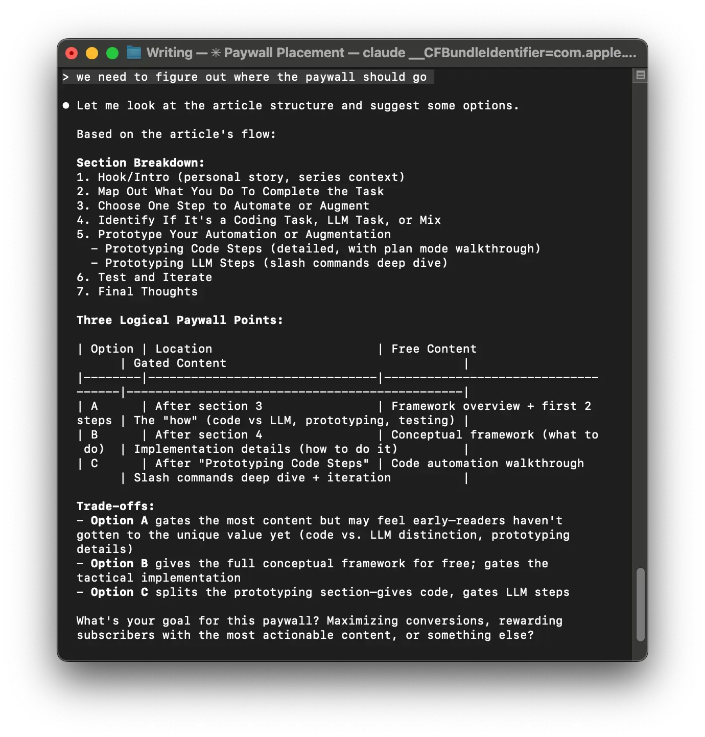 A screenshot of Claude recommending where to put the paywall.