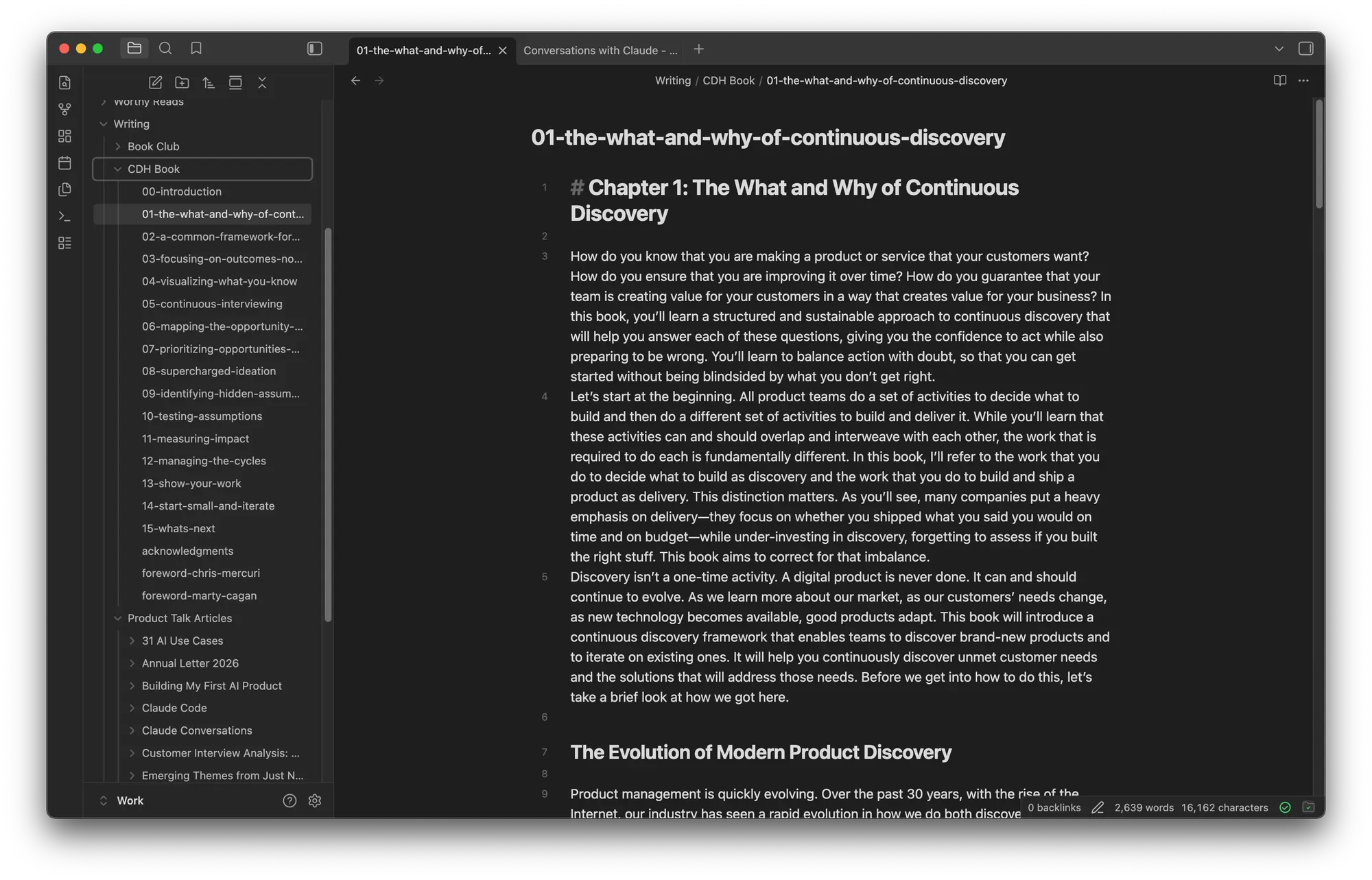 A screenshot of Obsidian showing all of my book chapters as markdown files.