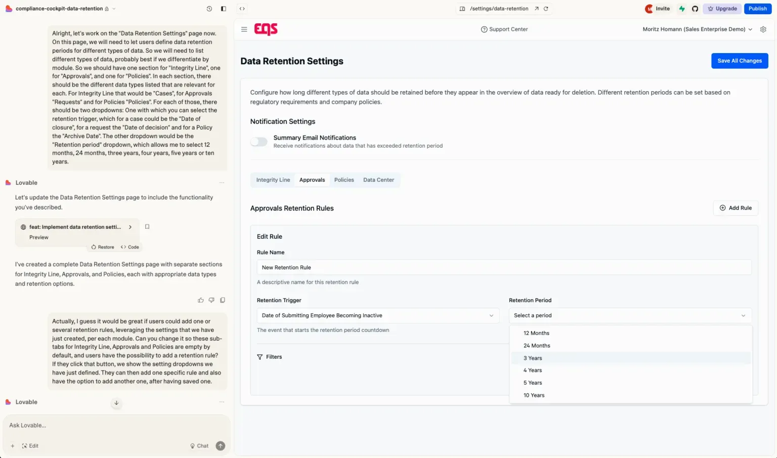 A screenshot of Moritz's data retention settings feature.