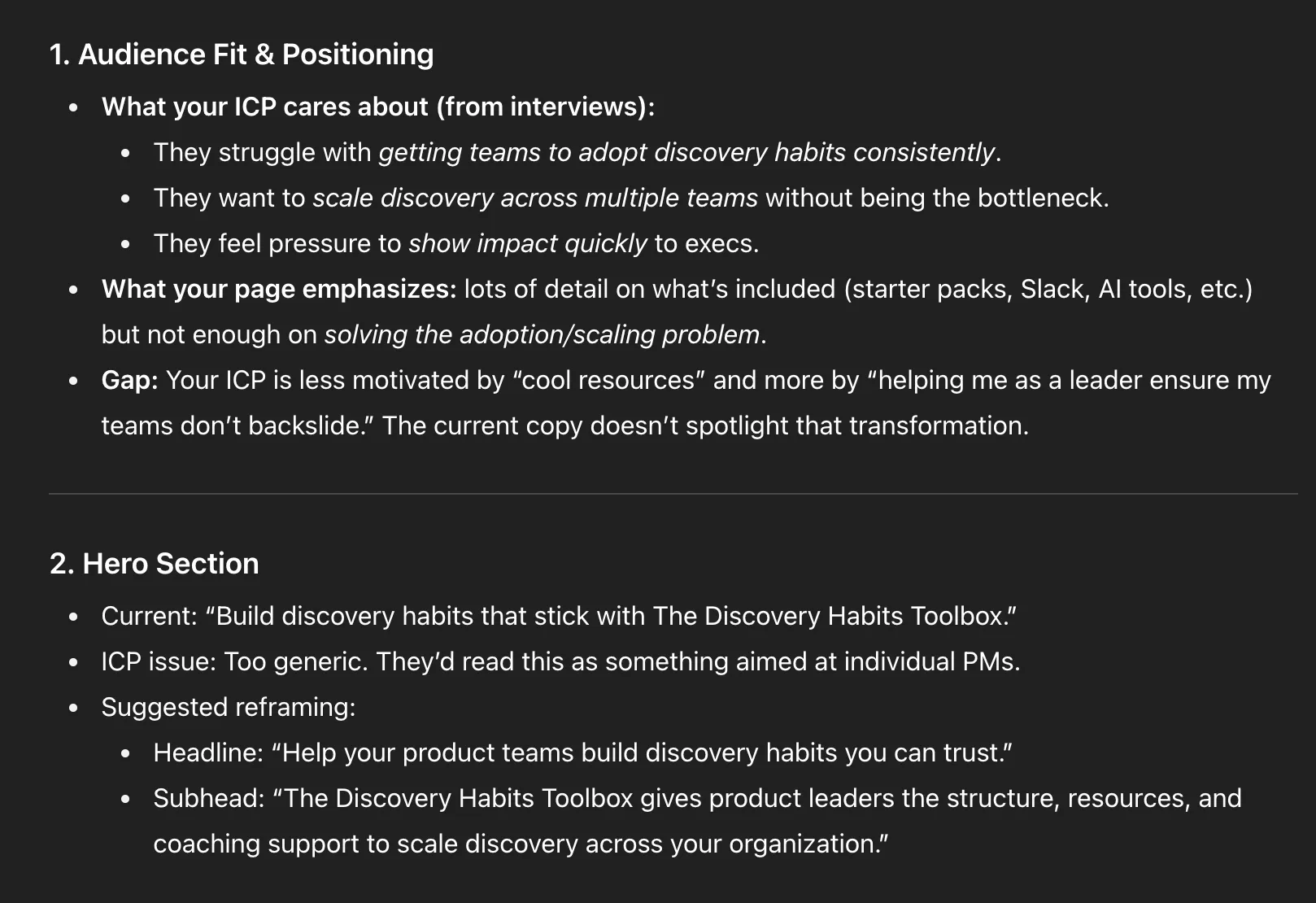Slide outlining audience fit and positioning insights from interviews, highlighting ICP struggles, page emphasis, and gaps, plus recommendations for reframing the hero section headline and subhead.