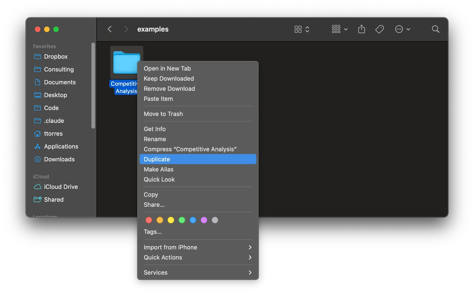 A screenshot of someone right clicking on the Competitive Analysis folder and selecting Duplicate.