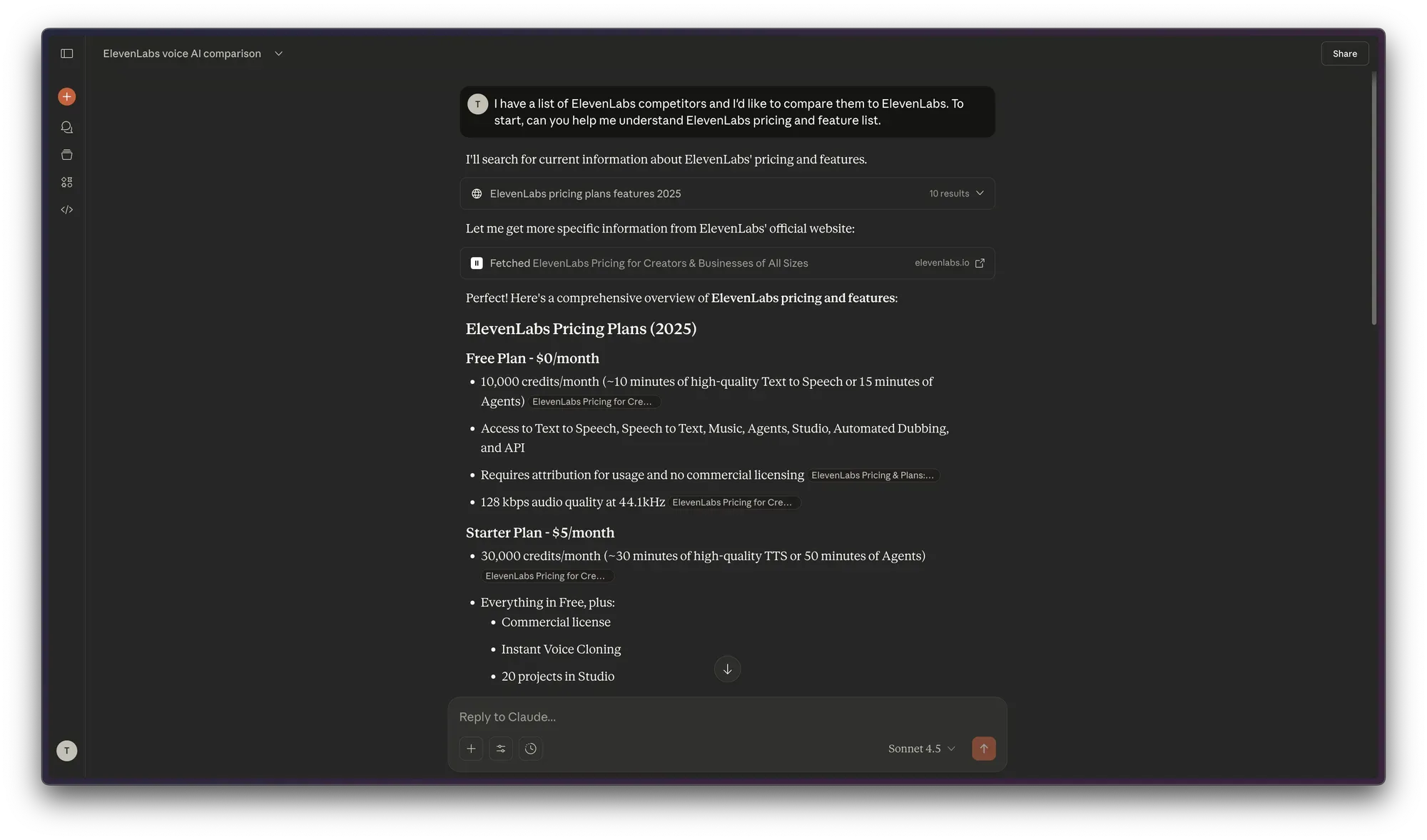 A screenshot of a Claude conversation taking place in the browser where the user asks Claude to help with understanding ElevenLabs pricing and features. Claude responds with pricing and features.