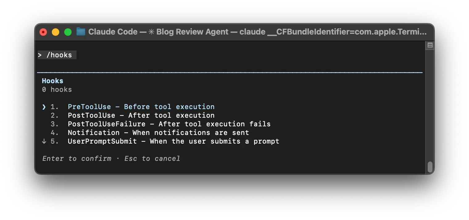 A screenshot showing the hooks interface. The user can select a hook by typing in a number 1-5.