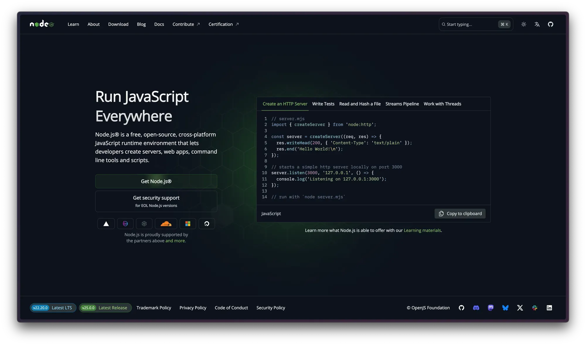 A screenshot of the nodejs.org home page with a "Get Nodejs" button.