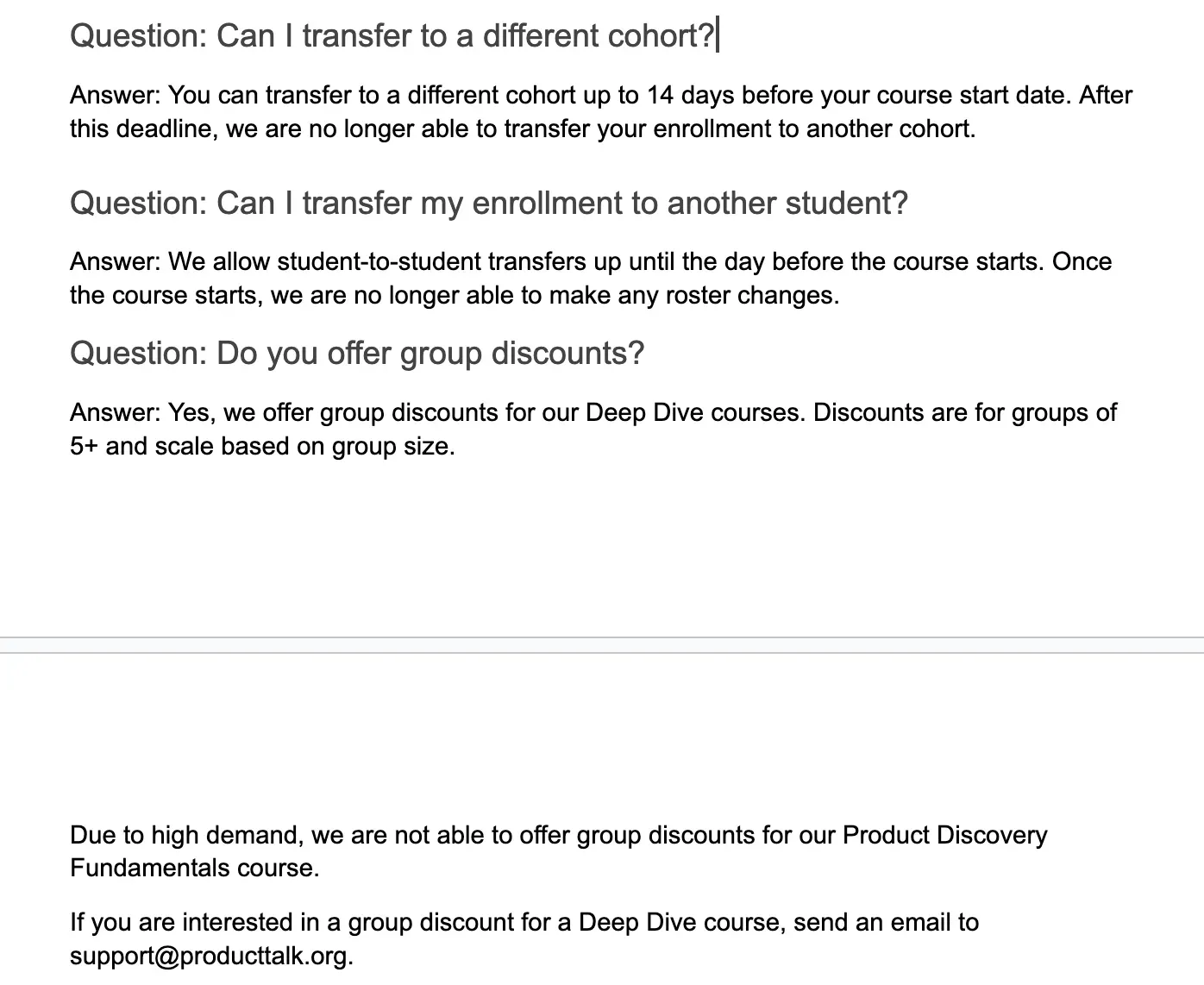 FAQ section with questions about cohort transfers, student transfers, and group discounts for Product Talk courses.