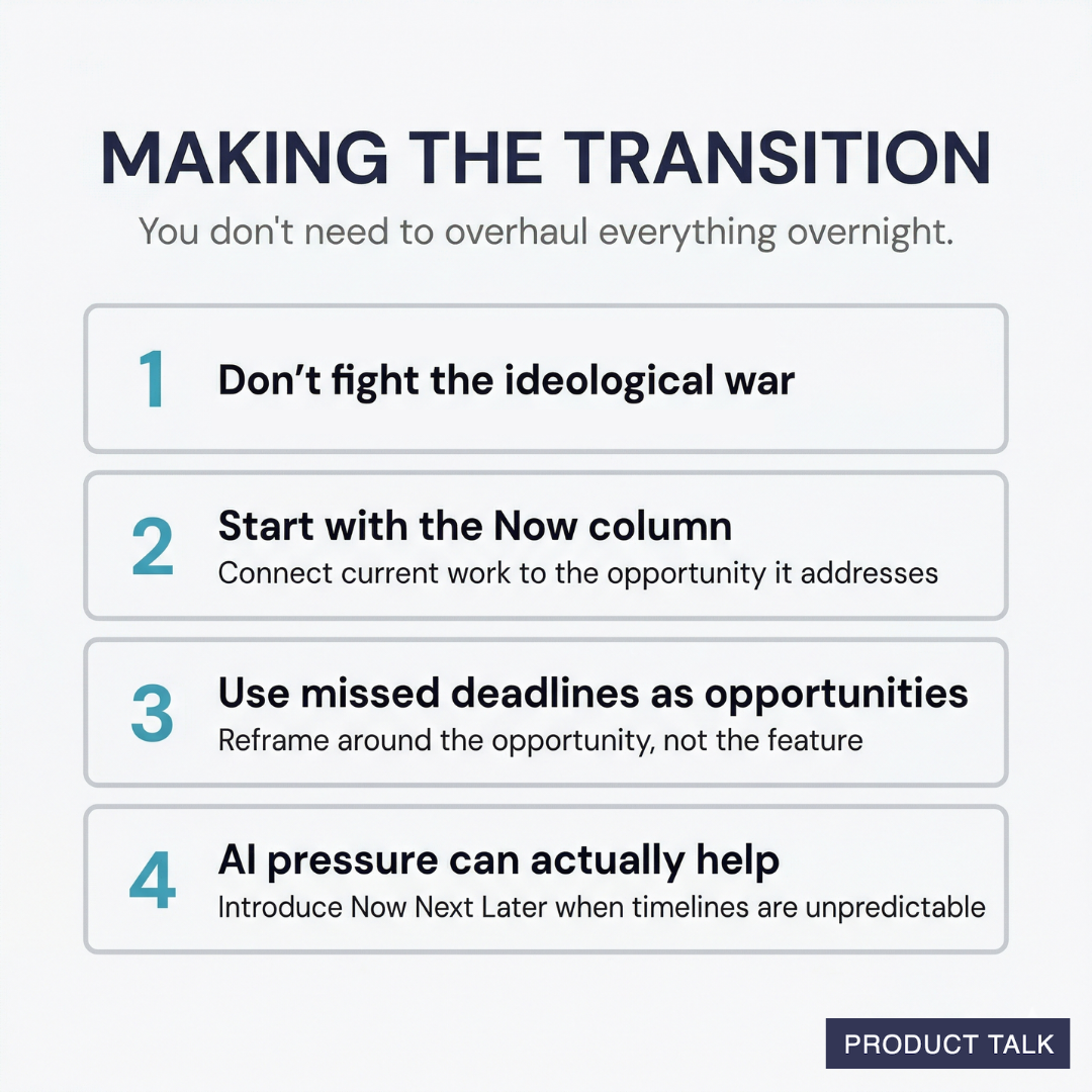 A four-step guide to transitioning roadmap styles: don't fight the ideological war, start with the Now column by connecting current work to opportunities, use missed deadlines to reframe around opportunities, and use AI pressure as a chance to introduce Now-Next-Later when timelines are unpredictable.