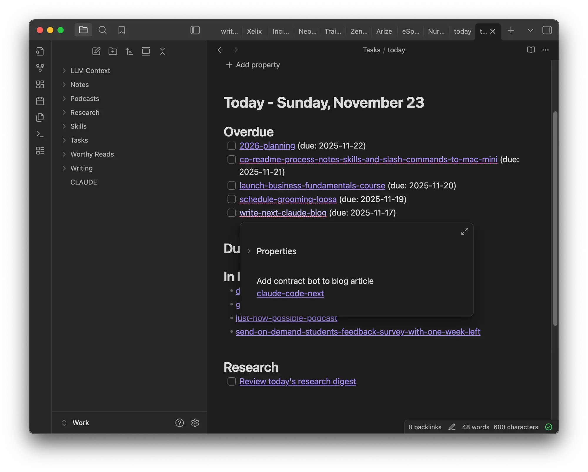 A screenshot of my daily to do list. The write blog post task links right to the article draft.