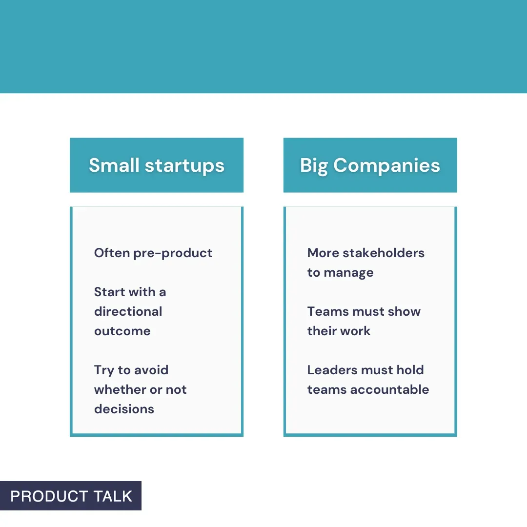 A Product Talk graphic comparing small startups and big companies.  