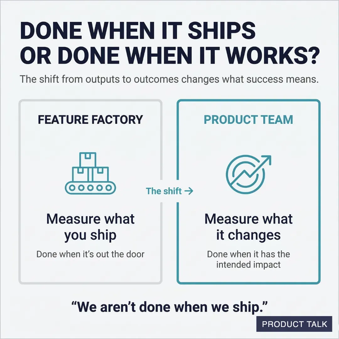 Graphic contrasting a feature factory with a product team: feature factories measure what they ship, while product teams measure the impact of what they ship.